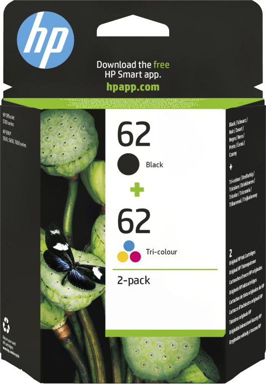 HP 62 2-pack Black/Tri-color Original Ink Cartridges cartucho de tinta 2 pieza(s) Rendimiento estándar Negro, Cian, Magenta, Amarillo