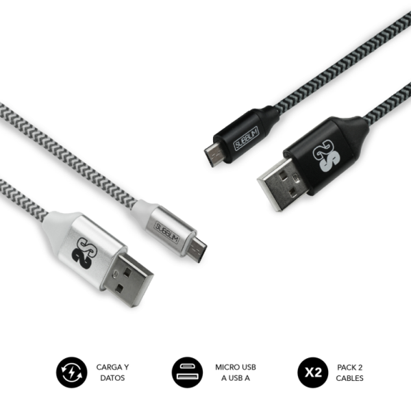 SUBBLIM PACK 2 CABLES USB A MICRO USB (2.4A) 1M BLACK/SILVER cable USB Micro-USB A Aluminio, Negro, Gris, Blanco