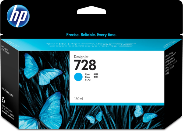 HP 728 130-ml Cyan DesignJet Ink Cartridge cartucho de tinta 1 pieza(s) Original Rendimiento estándar